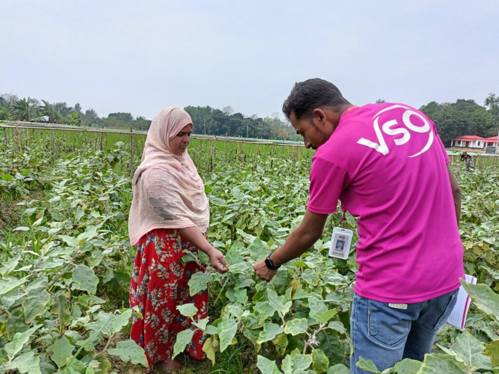 Changemaker Kabir legt Sara uit hoe ze kan voorkomen dat de bladeren van haar aubergineplanten geel worden.